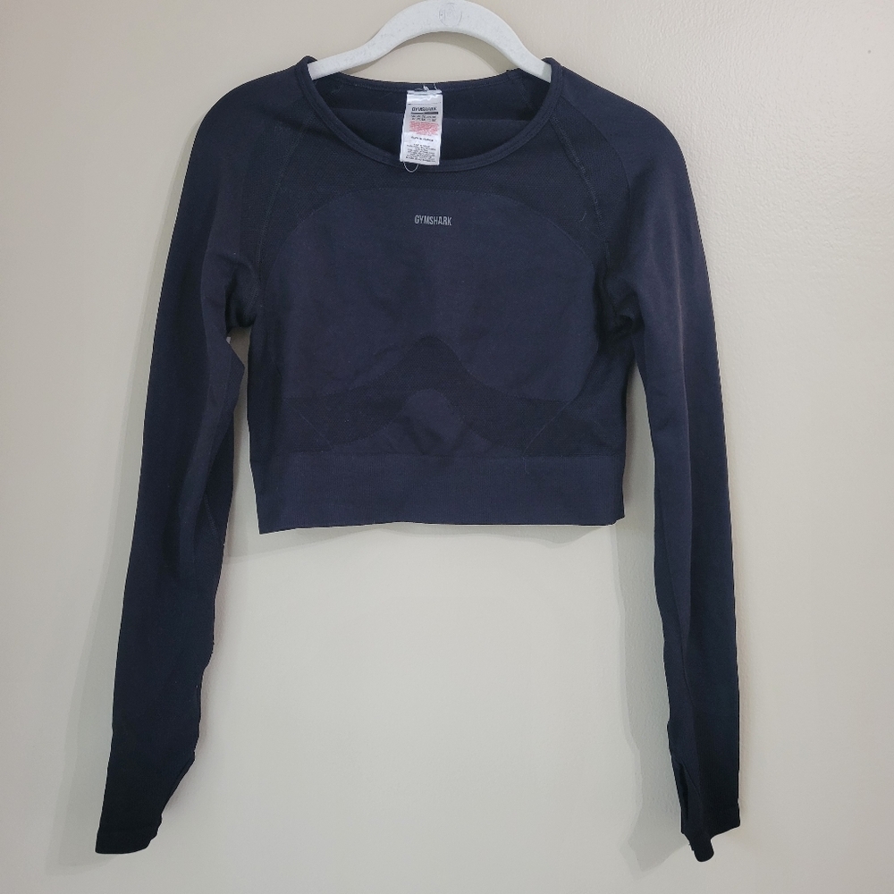 Gymshark Flex Long Sleeved Crop Top Workout Shirt Size Large Black with Keyhole